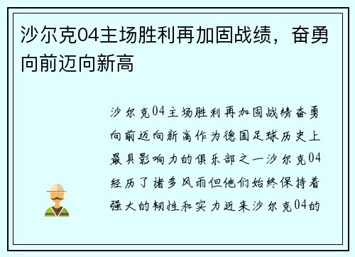 沙尔克04主场胜利再加固战绩，奋勇向前迈向新高